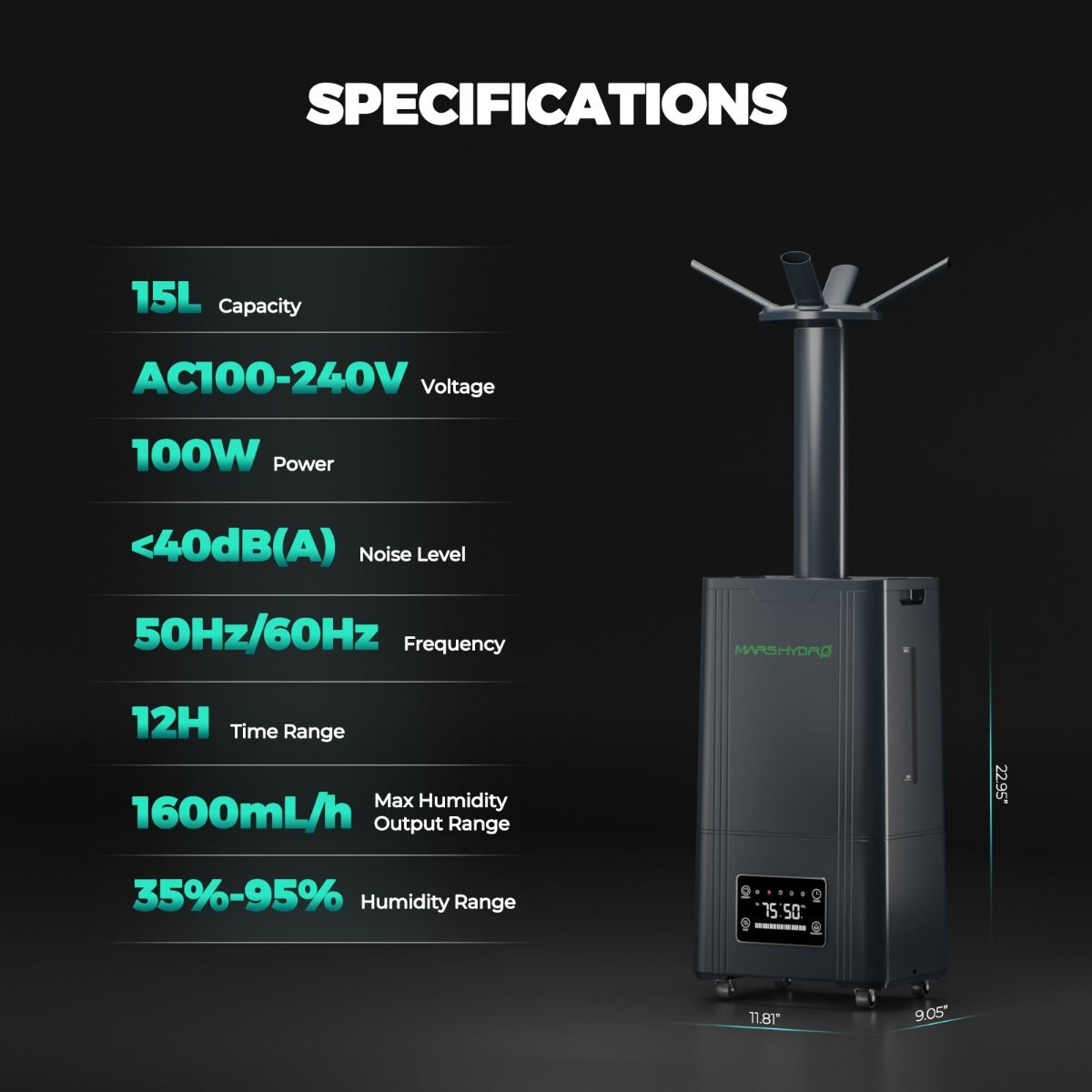 Humidificateur Mars Hydro 15L pour plantes avec brume fraîche ultrasonique, capteur de température et d'humidité et télécommande