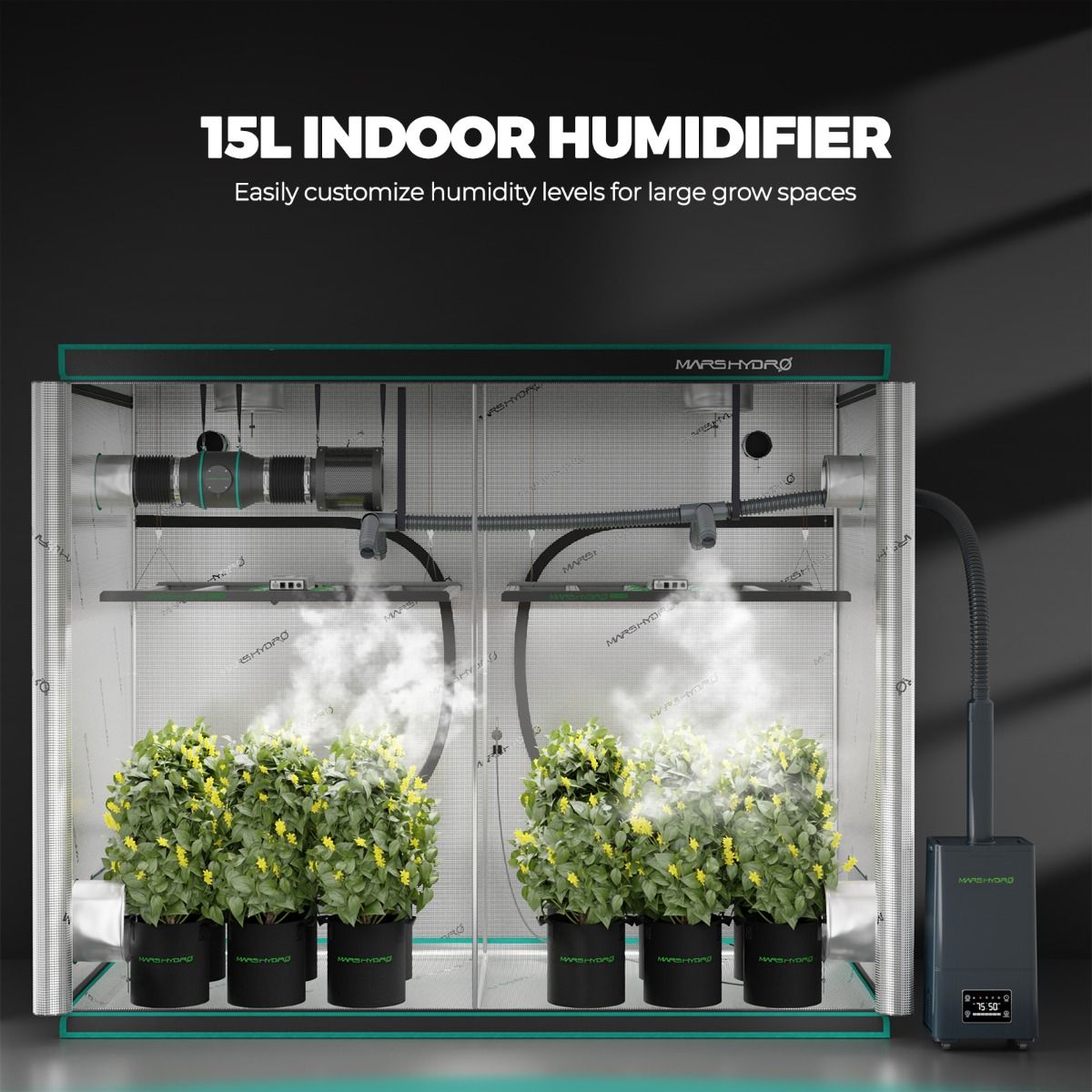 Humidificateur Mars Hydro 15L pour plantes avec brume fraîche ultrasonique, capteur de température et d'humidité et télécommande