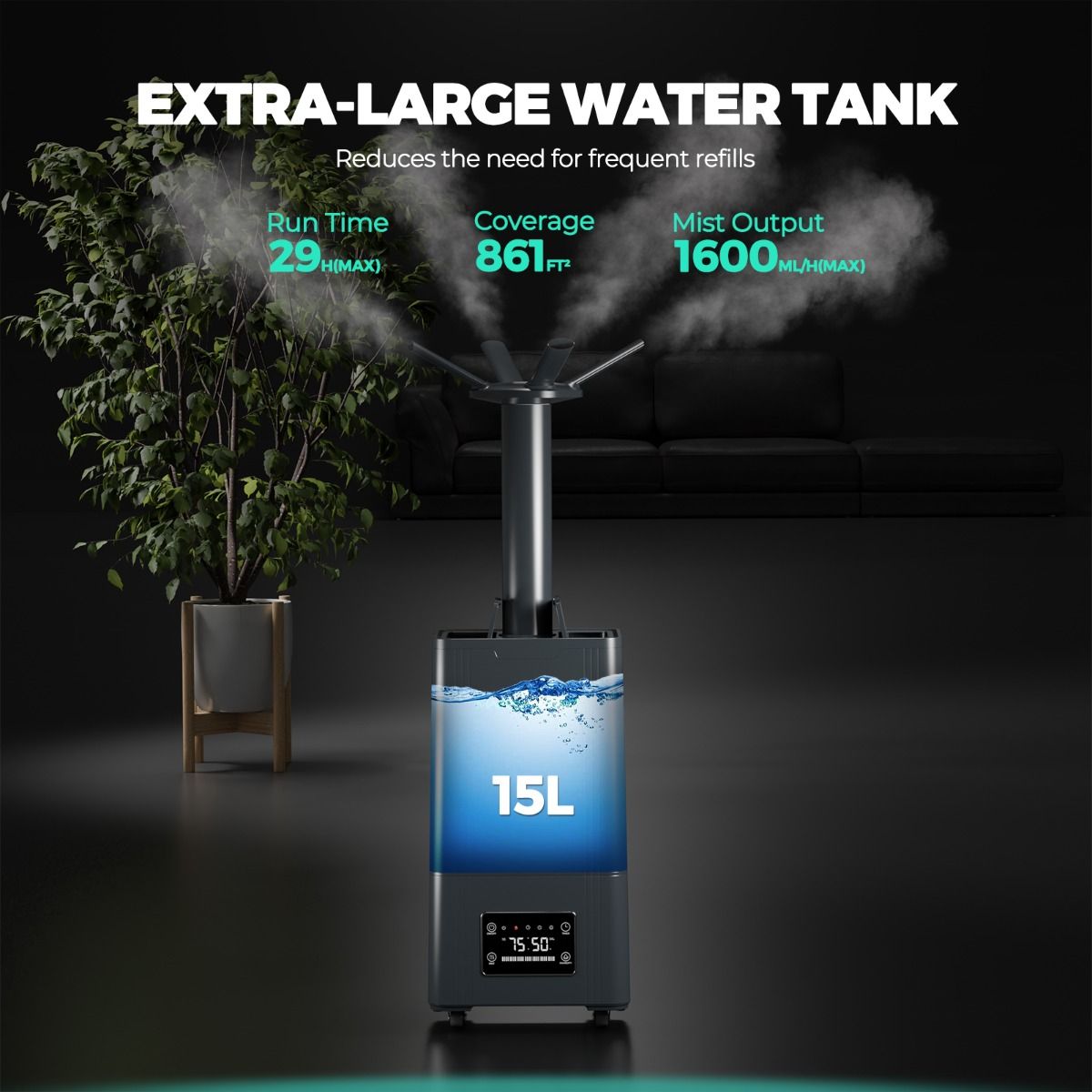 Humidificateur Mars Hydro 15L pour plantes avec brume fraîche ultrasonique, capteur de température et d'humidité et télécommande