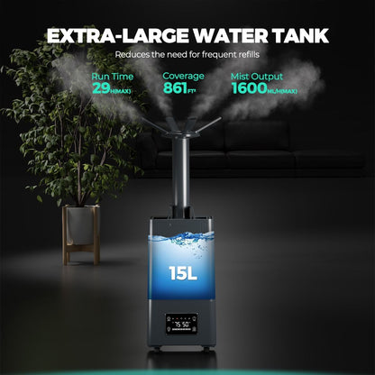 Humidificateur Mars Hydro 15L pour plantes avec brume fraîche ultrasonique, capteur de température et d'humidité et télécommande