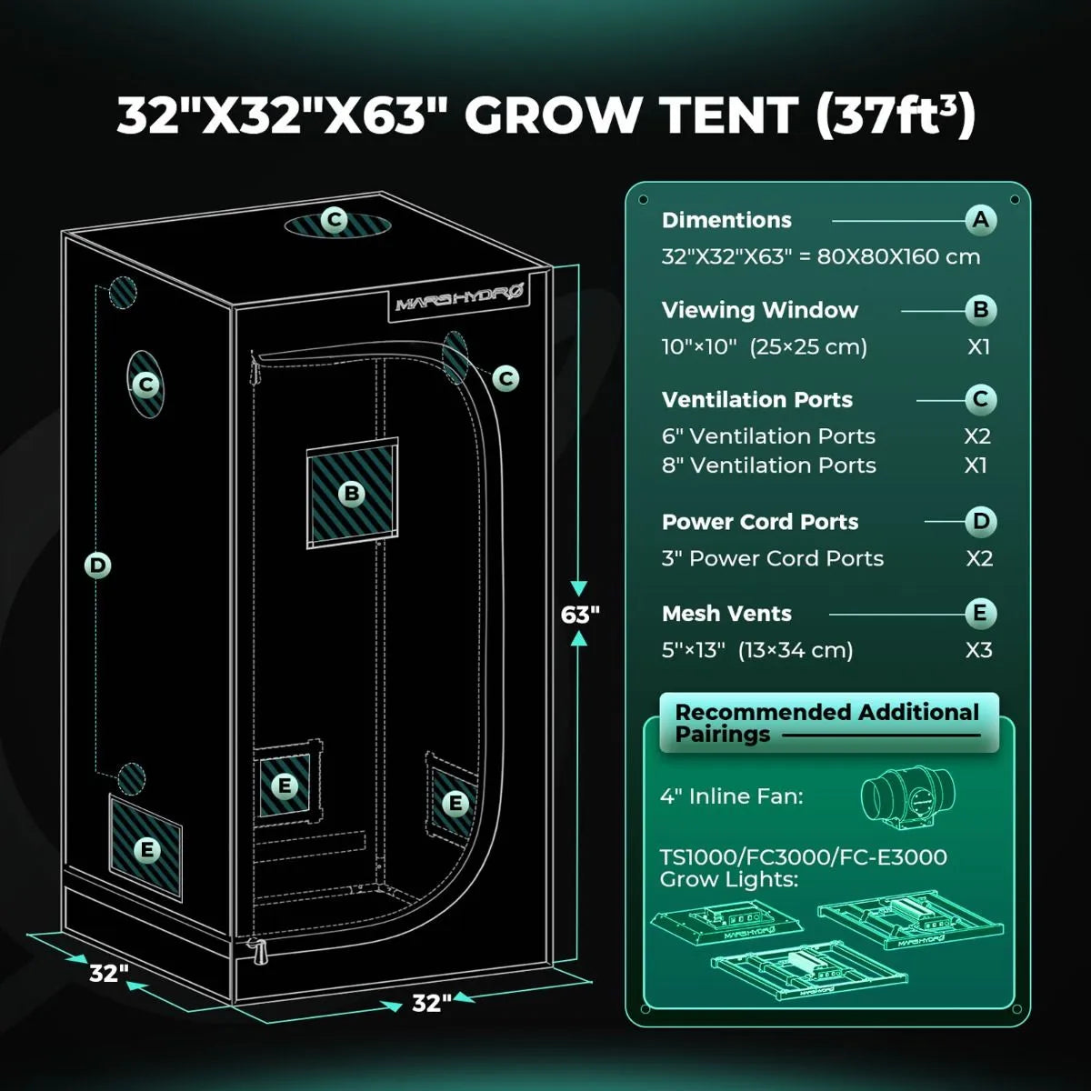 Mars Hydro 3×3 Grow Tent – 32”x32”x63” (80x80x160cm)